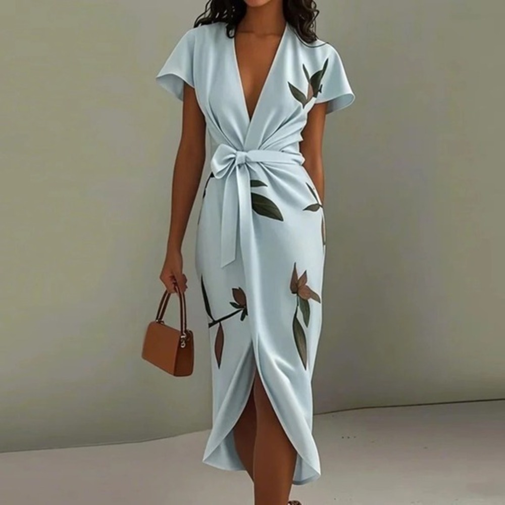 Fehaute Chic Light Blue Floral Midi Wrap Dress